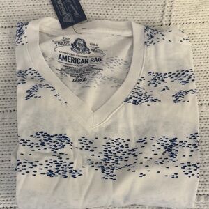 American Rag White and Blue Patterned V-Neck Tee